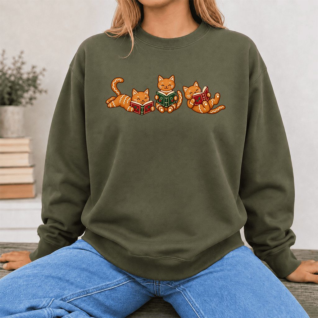 Cozy Gingerbread Cats Reading Books Printed Sweatshirt | Christmas Gift Military Green