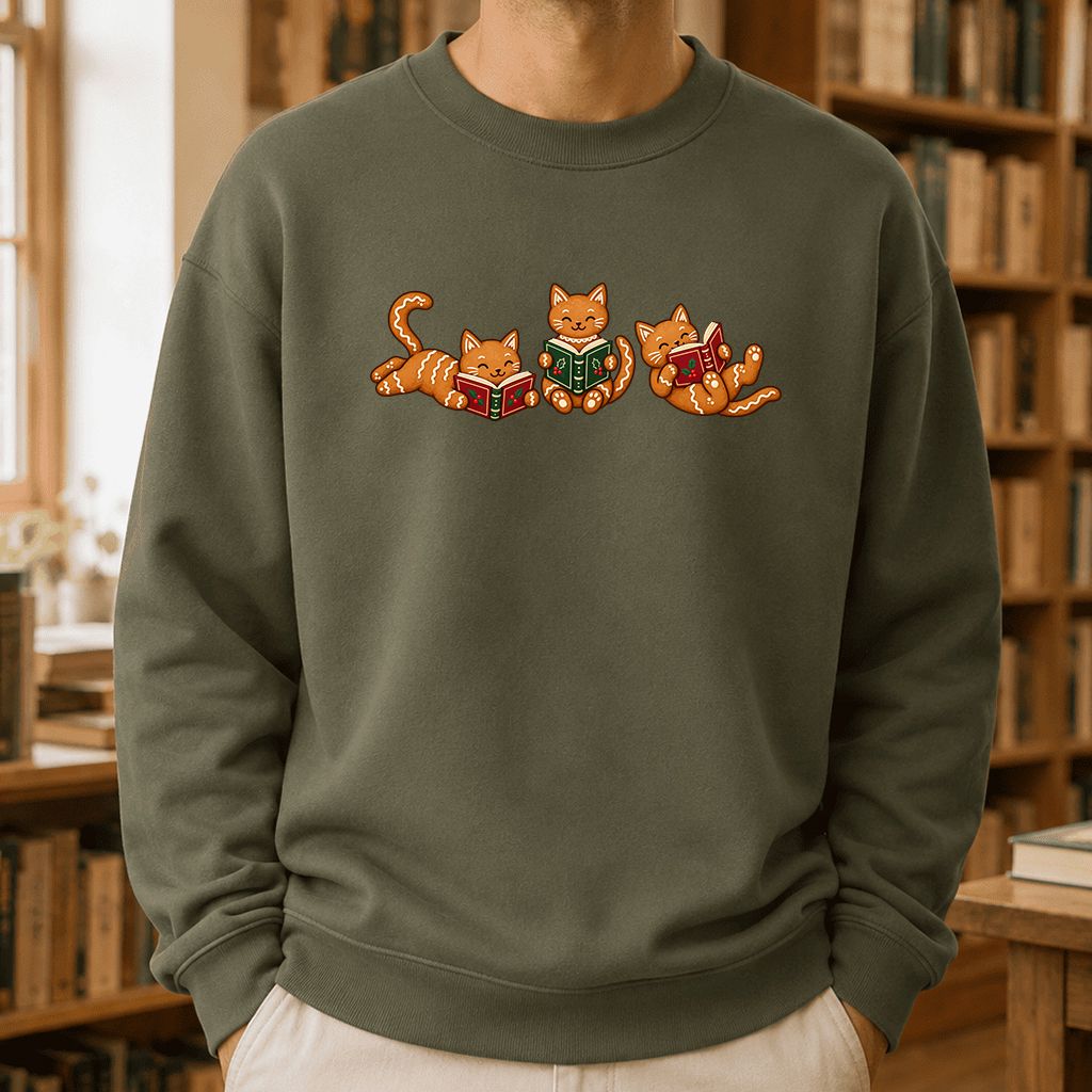 Cozy Gingerbread Cats Reading Books Printed Sweatshirt | Christmas Gift Military Green