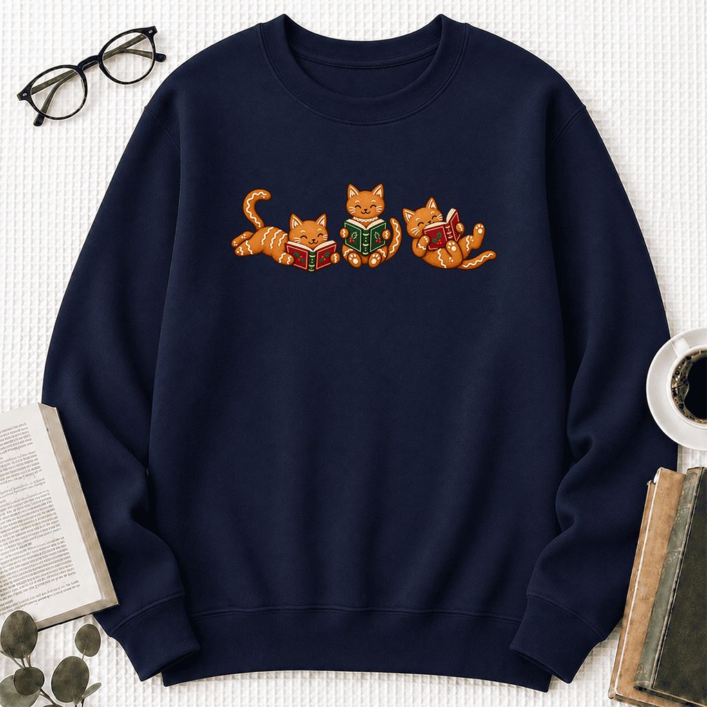 Cozy Gingerbread Cats Reading Books Printed Sweatshirt | Christmas Gift Navy