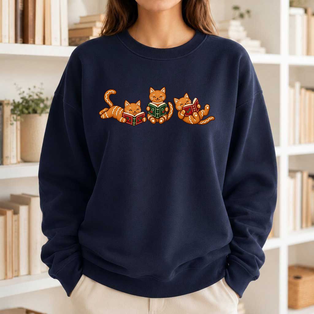 Cozy Gingerbread Cats Reading Books Printed Sweatshirt | Christmas Gift Navy