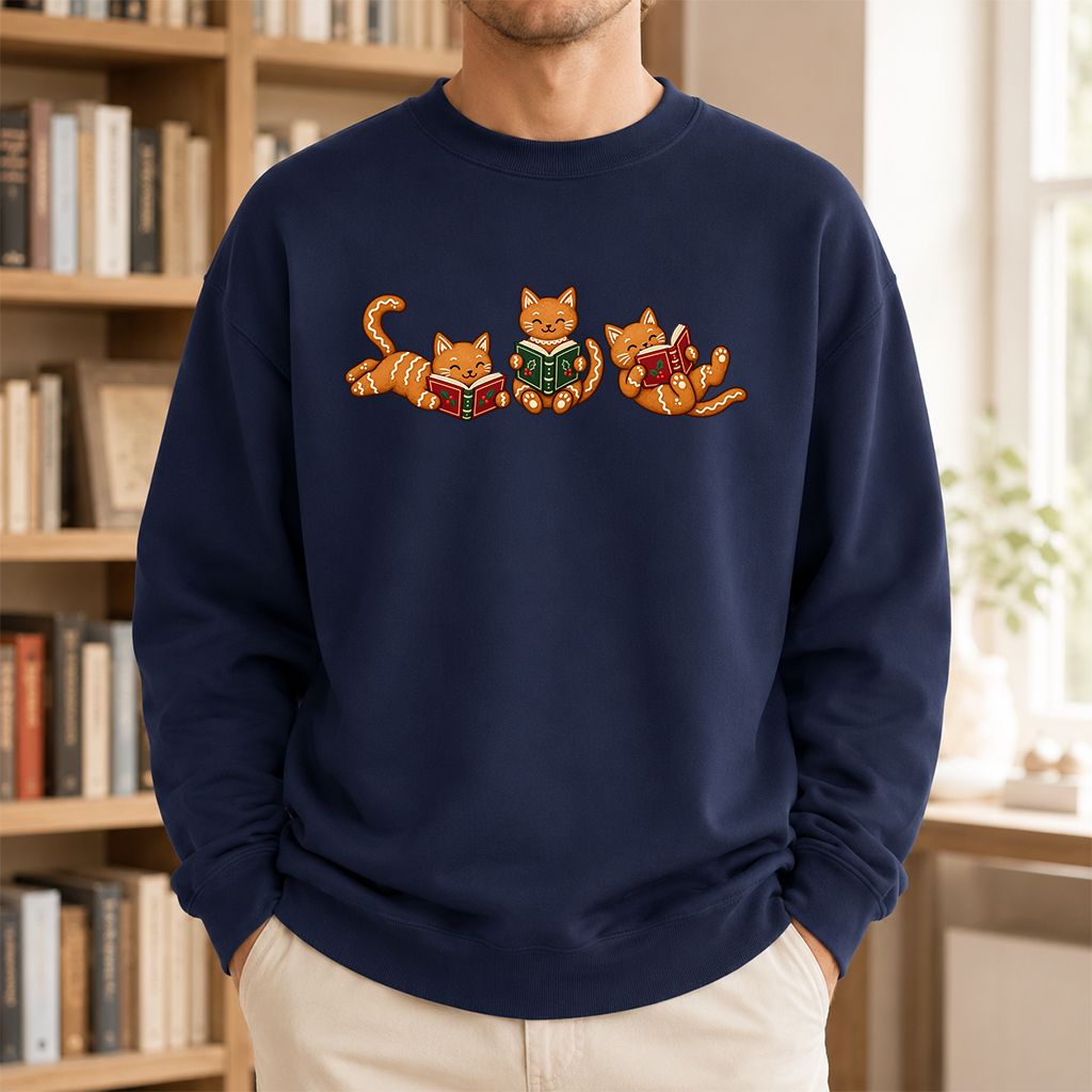 Cozy Gingerbread Cats Reading Books Printed Sweatshirt | Christmas Gift Navy
