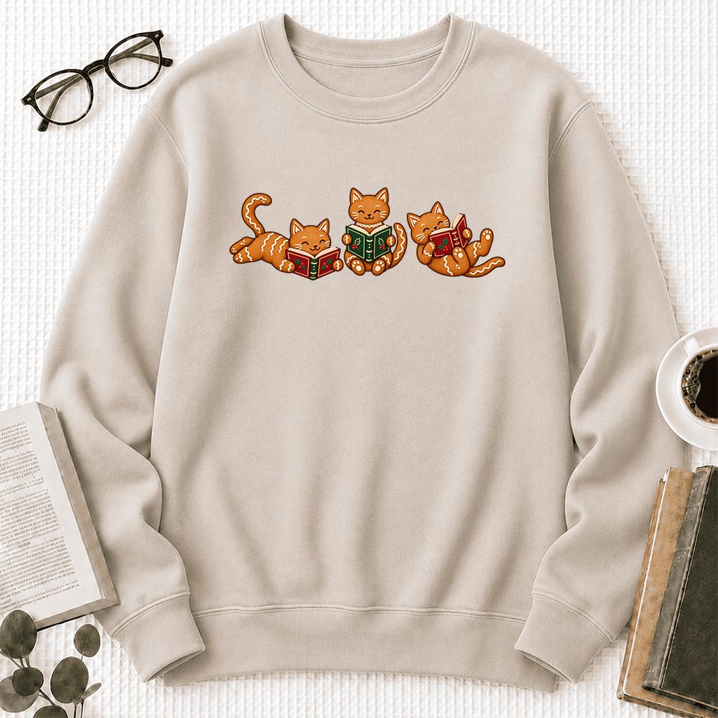 Cozy Gingerbread Cats Reading Books Printed Sweatshirt | Christmas Gift Sand