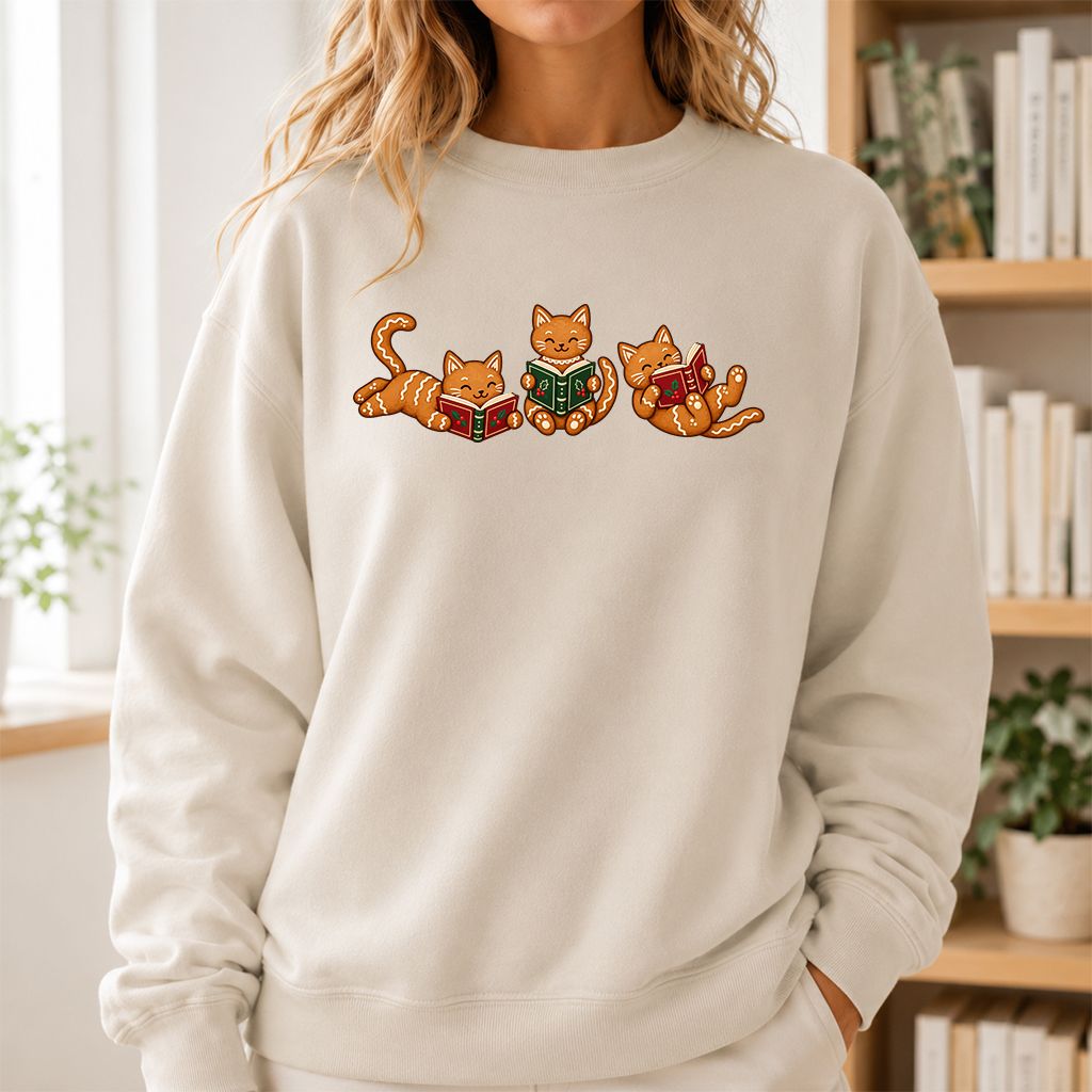 Cozy Gingerbread Cats Reading Books Printed Sweatshirt | Christmas Gift Sand