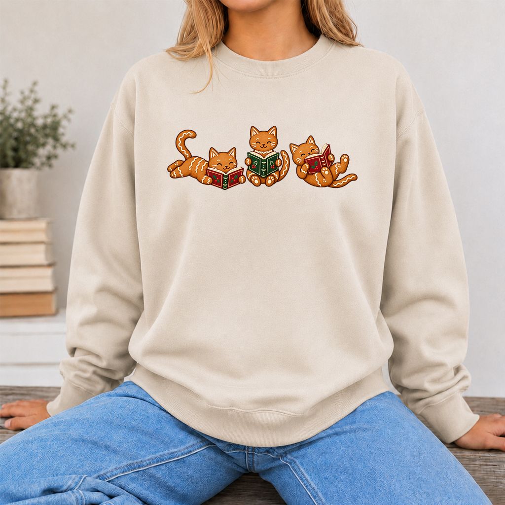 Cozy Gingerbread Cats Reading Books Printed Sweatshirt | Christmas Gift Sand