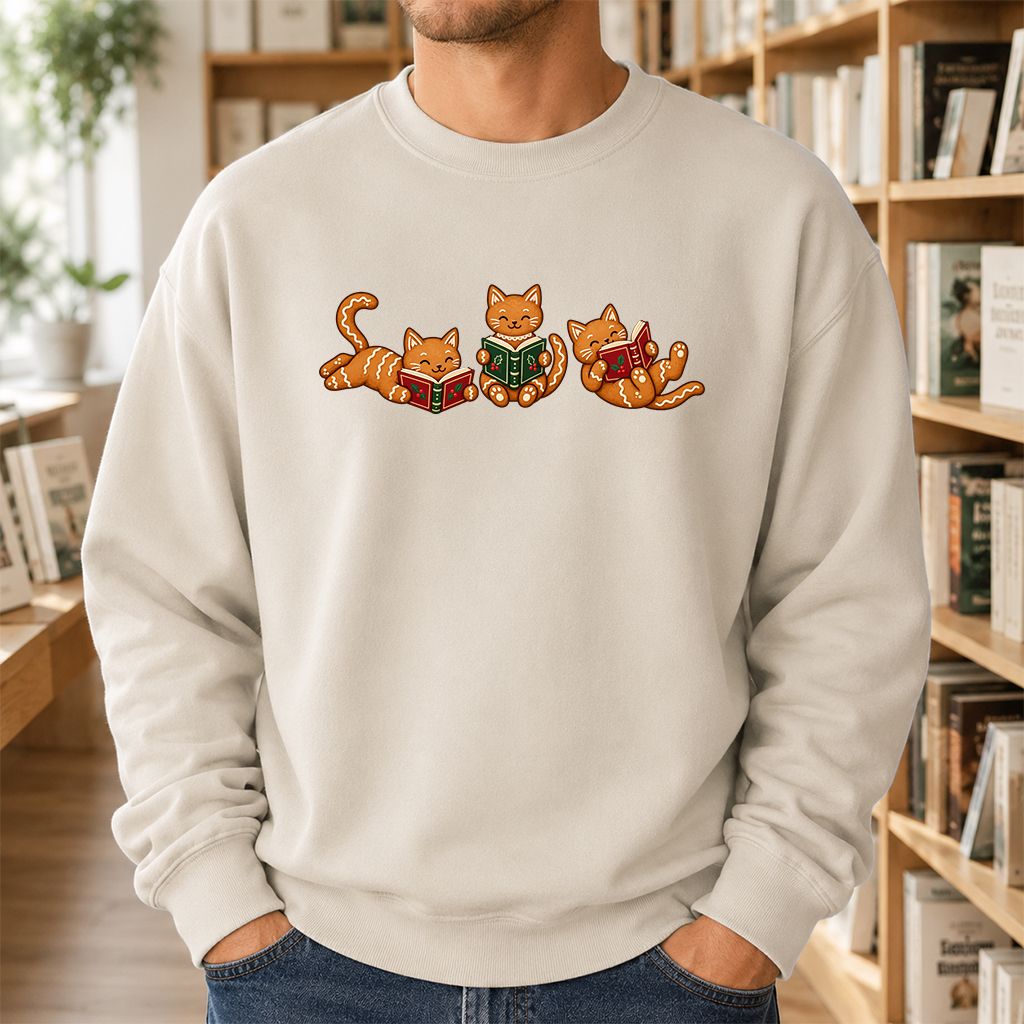 Cozy Gingerbread Cats Reading Books Printed Sweatshirt | Christmas Gift Sand