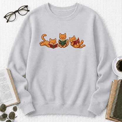 Cozy Gingerbread Cats Reading Books Printed Sweatshirt | Christmas Gift Sport Grey
