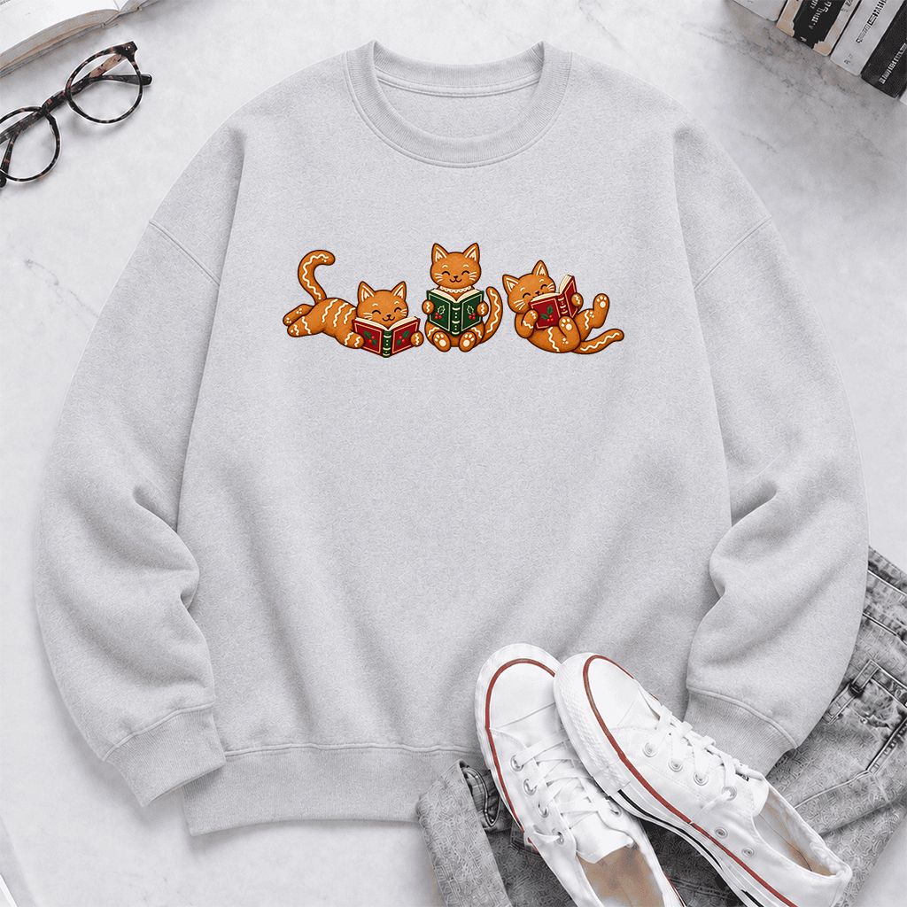 Cozy Gingerbread Cats Reading Books Printed Sweatshirt | Christmas Gift Sport Grey