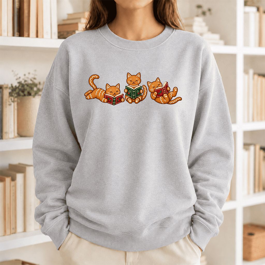 Cozy Gingerbread Cats Reading Books Printed Sweatshirt | Christmas Gift Sport Grey