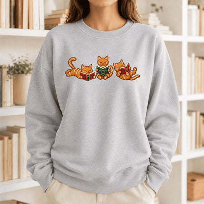 Cozy Gingerbread Cats Reading Books Printed Sweatshirt | Christmas Gift Sport Grey
