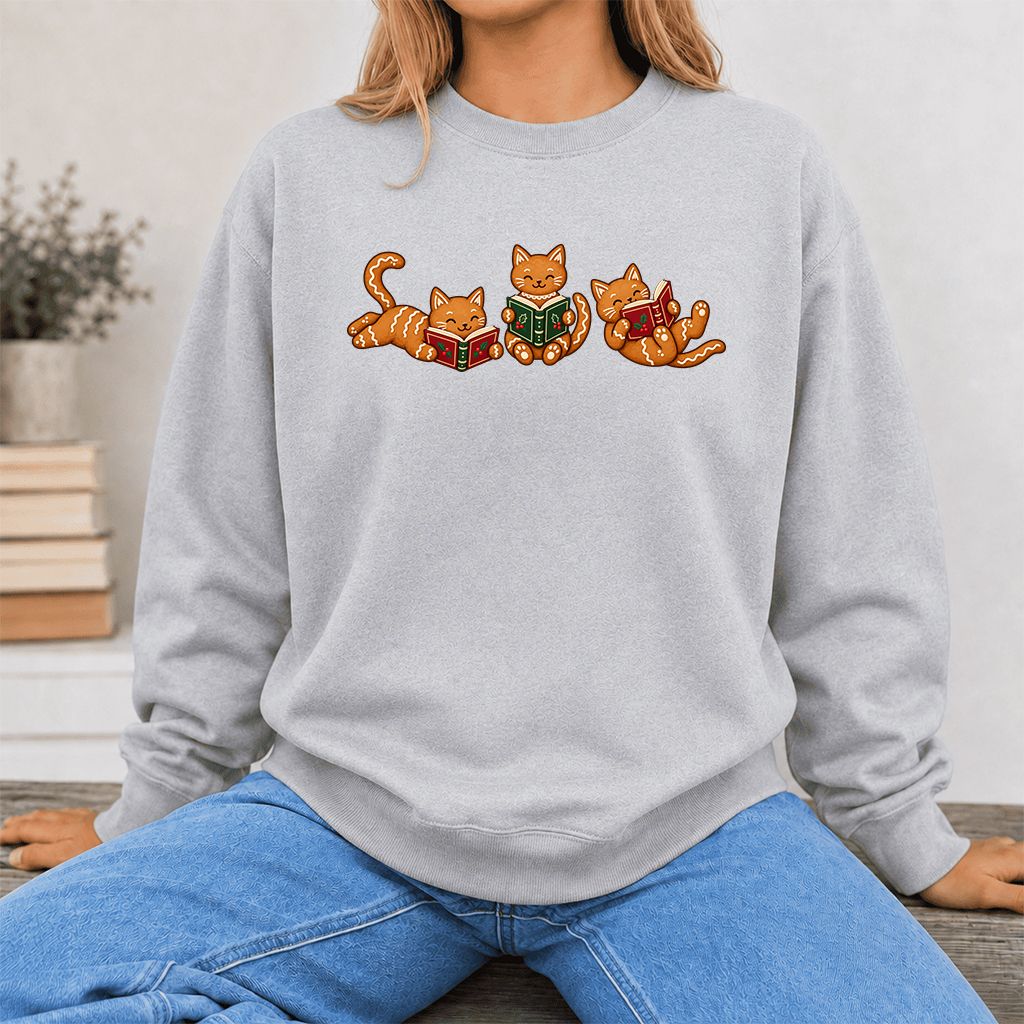 Cozy Gingerbread Cats Reading Books Printed Sweatshirt | Christmas Gift Sport Grey