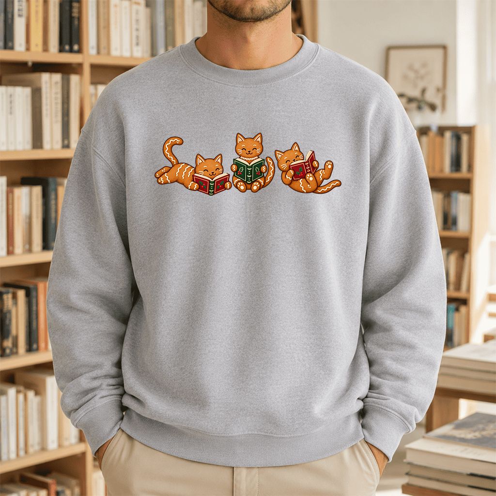 Cozy Gingerbread Cats Reading Books Printed Sweatshirt | Christmas Gift Sport Grey