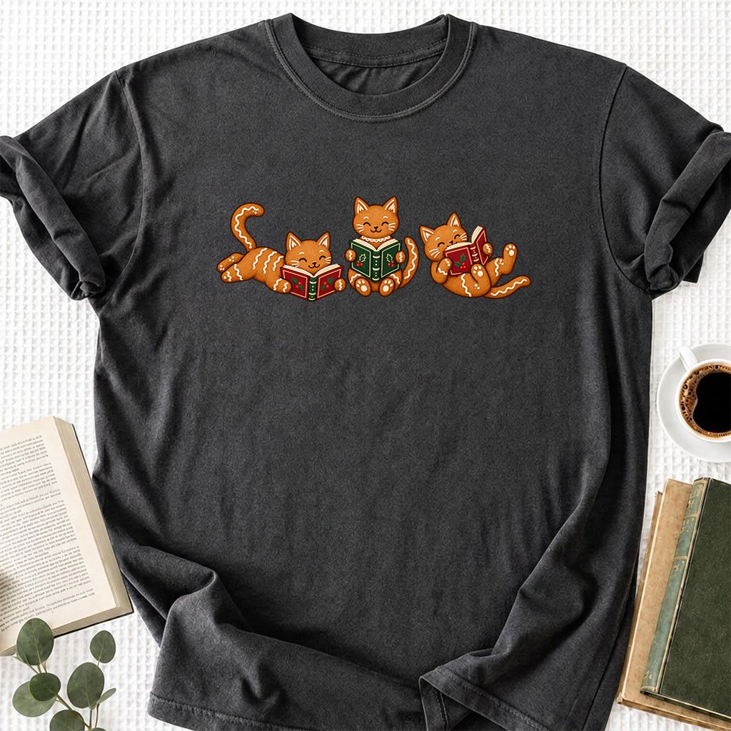 Cozy Gingerbread Cats Reading Books Printed T-Shirt | Christmas Gift Dark Heather
