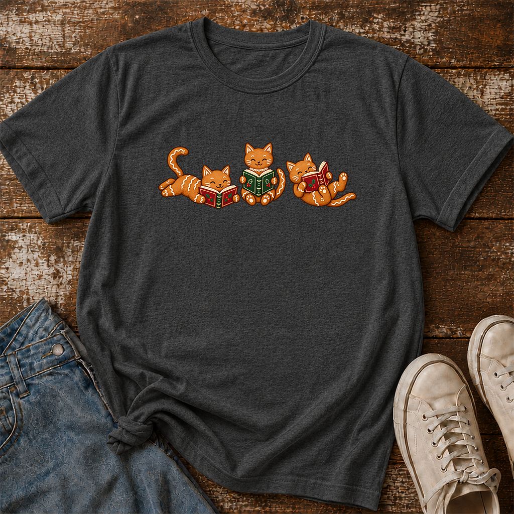 Cozy Gingerbread Cats Reading Books Printed T-Shirt | Christmas Gift Dark Heather