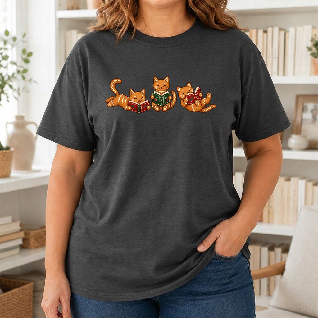 Cozy Gingerbread Cats Reading Books Printed T-Shirt | Christmas Gift Dark Heather