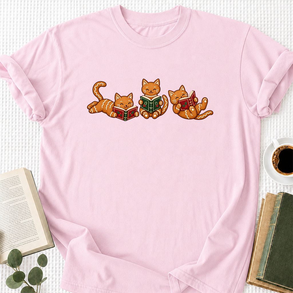 Cozy Gingerbread Cats Reading Books Printed T-Shirt | Christmas Gift Light Pink