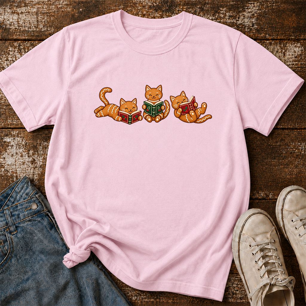 Cozy Gingerbread Cats Reading Books Printed T-Shirt | Christmas Gift Light Pink