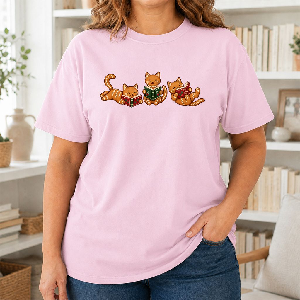 Cozy Gingerbread Cats Reading Books Printed T-Shirt | Christmas Gift Light Pink