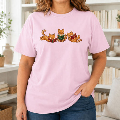 Cozy Gingerbread Cats Reading Books Printed T-Shirt | Christmas Gift Light Pink