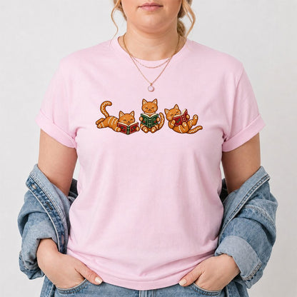 Cozy Gingerbread Cats Reading Books Printed T-Shirt | Christmas Gift Light Pink