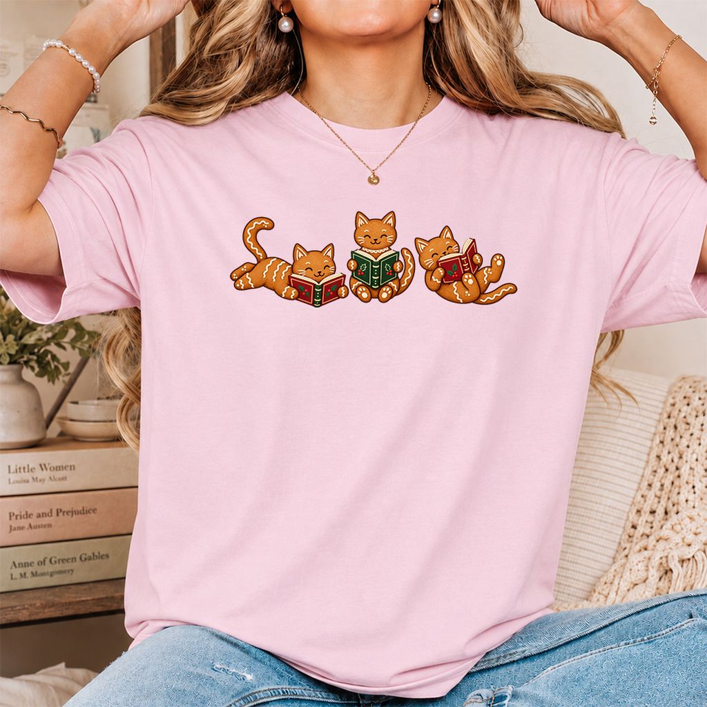Cozy Gingerbread Cats Reading Books Printed T-Shirt | Christmas Gift Light Pink