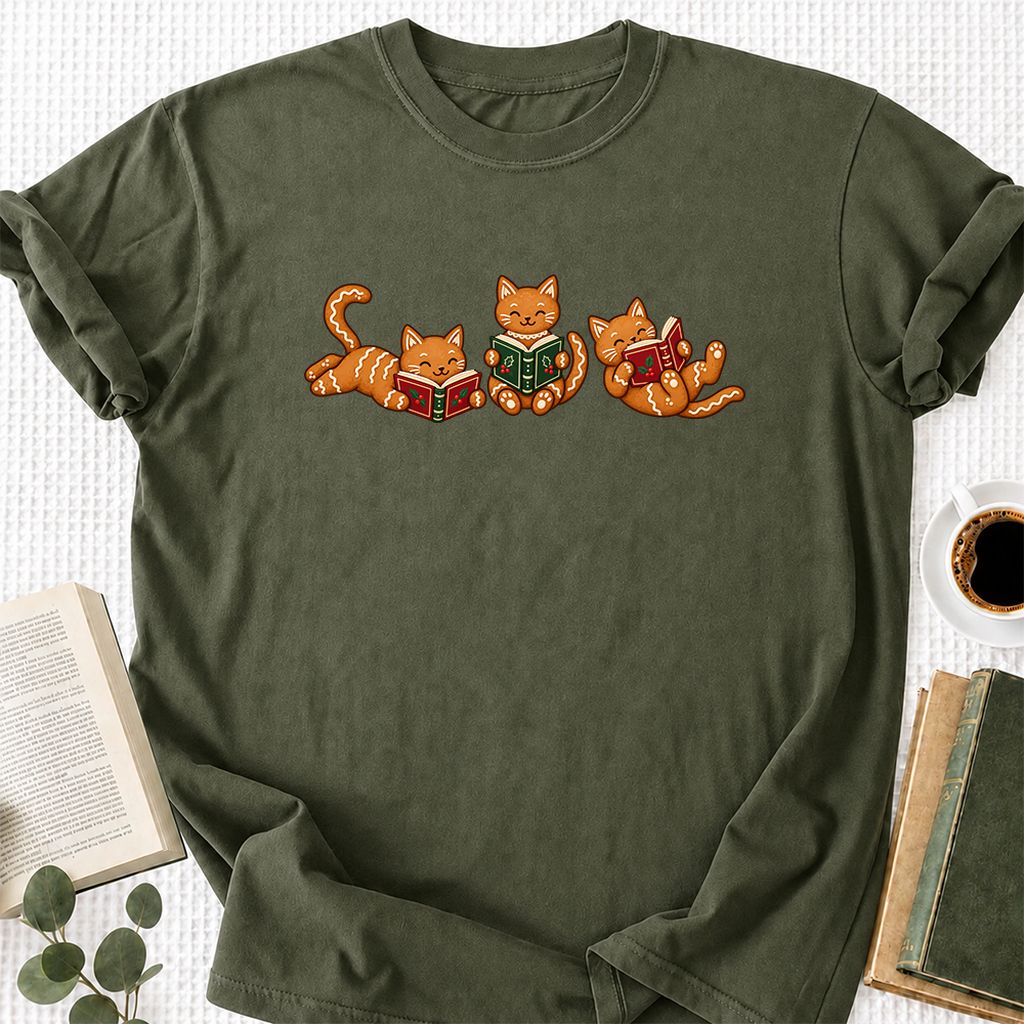 Cozy Gingerbread Cats Reading Books Printed T-Shirt | Christmas Gift Military Green