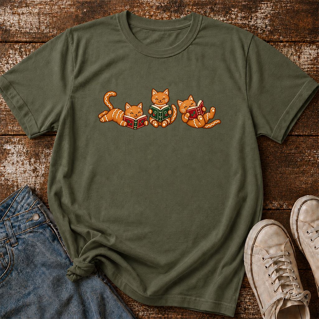 Cozy Gingerbread Cats Reading Books Printed T-Shirt | Christmas Gift Military Green