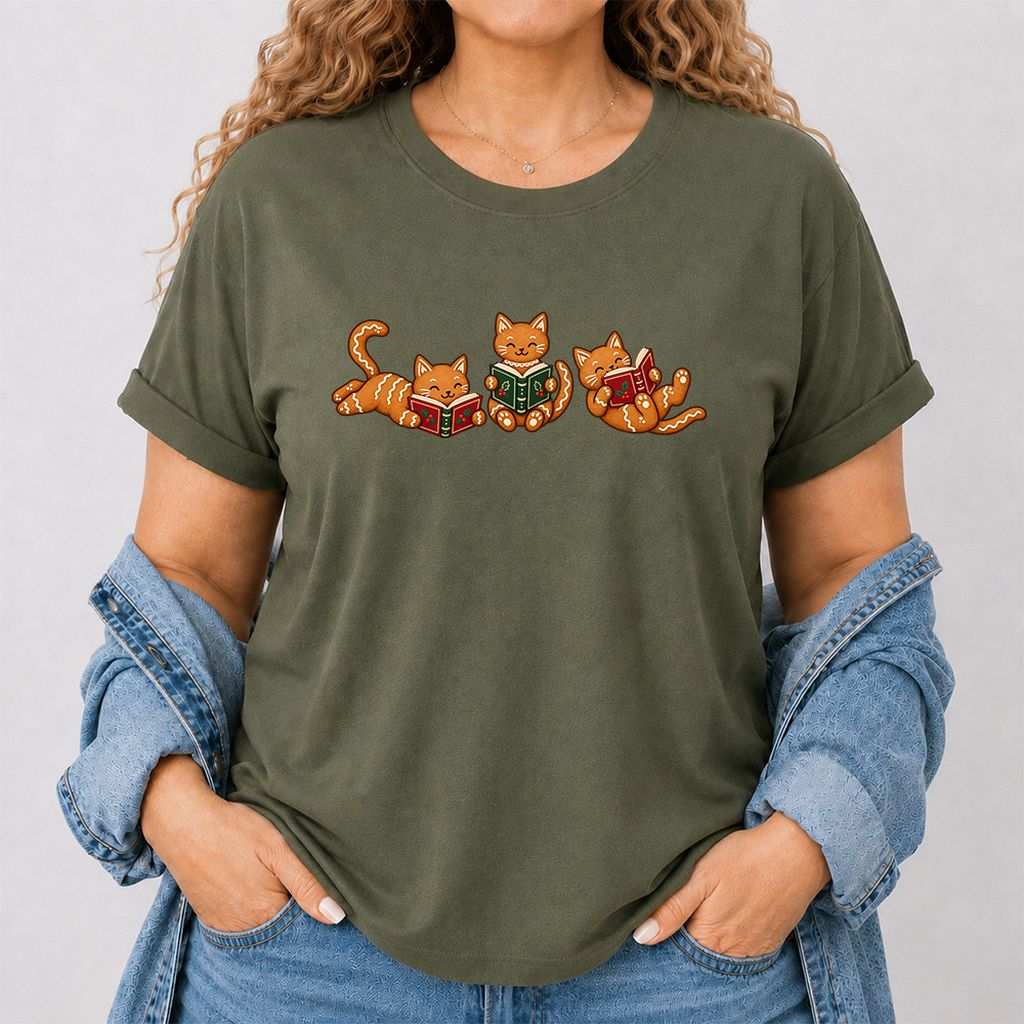 Cozy Gingerbread Cats Reading Books Printed T-Shirt | Christmas Gift Military Green