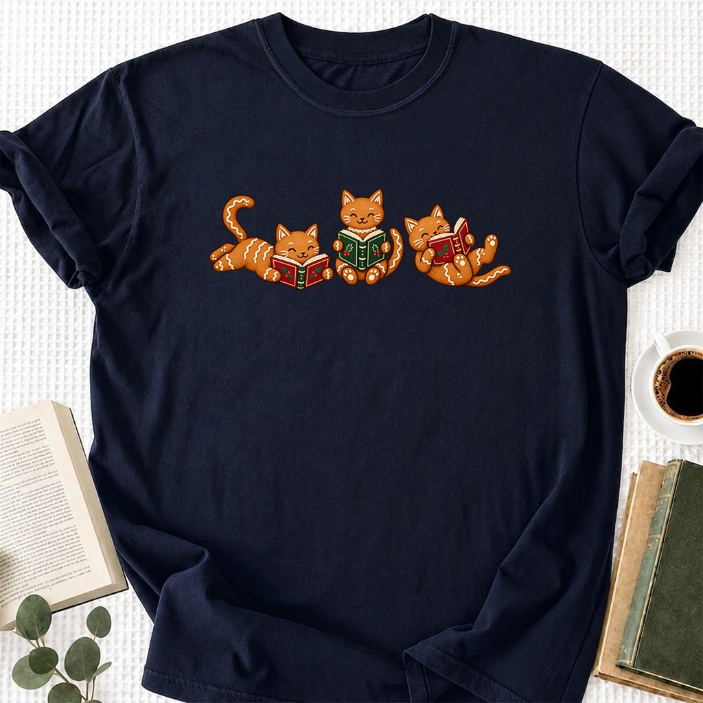 Cozy Gingerbread Cats Reading Books Printed T-Shirt | Christmas Gift Navy