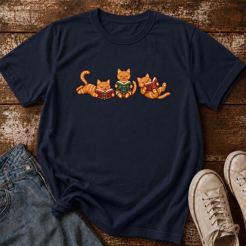 Cozy Gingerbread Cats Reading Books Printed T-Shirt | Christmas Gift Navy