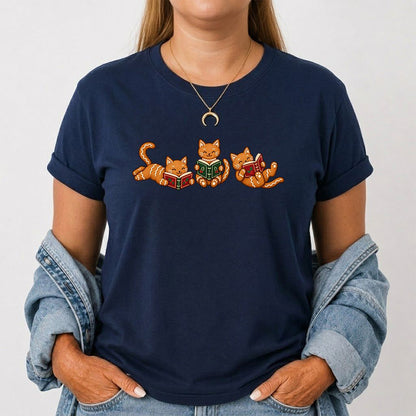 Cozy Gingerbread Cats Reading Books Printed T-Shirt | Christmas Gift Navy