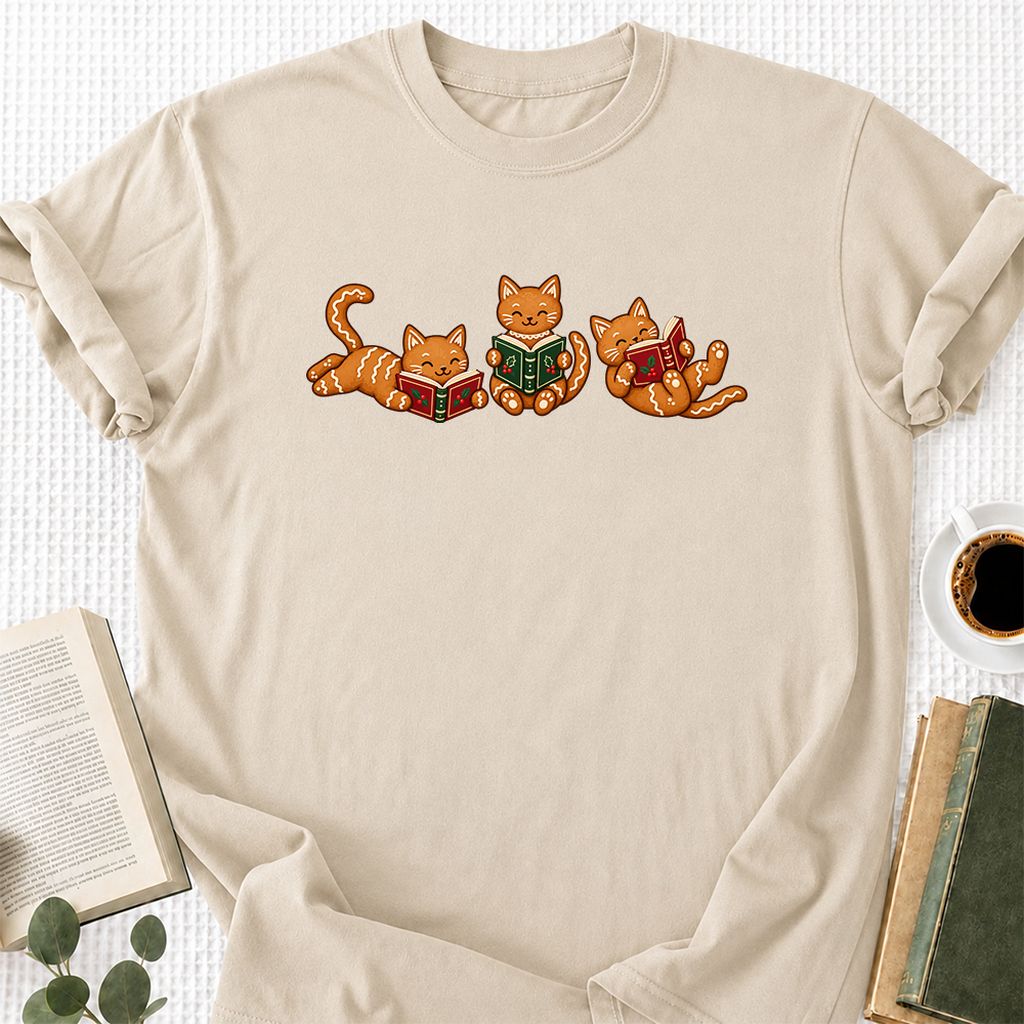 Cozy Gingerbread Cats Reading Books Printed T-Shirt | Christmas Gift Sand