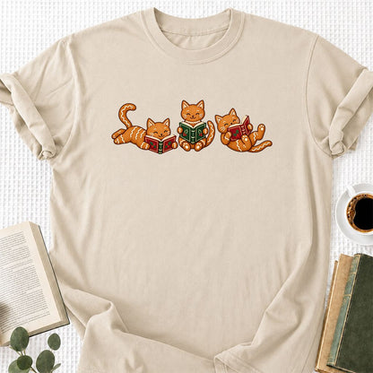 Cozy Gingerbread Cats Reading Books Printed T-Shirt | Christmas Gift Sand