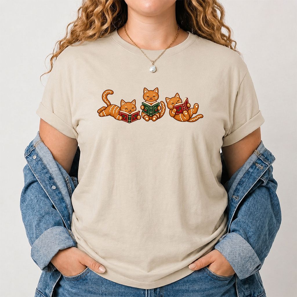 Cozy Gingerbread Cats Reading Books Printed T-Shirt | Christmas Gift Sand
