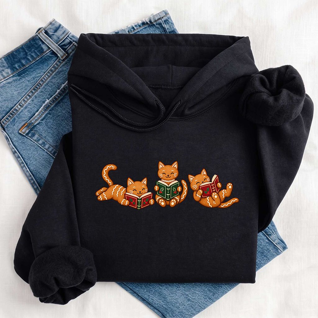 Cozy Gingerbread Cats Reading Books Softstyle Hoodie | Christmas Gift Black