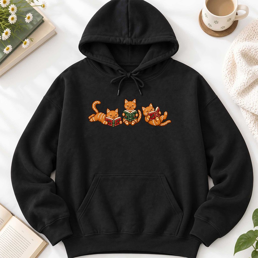 Cozy Gingerbread Cats Reading Books Softstyle Hoodie | Christmas Gift Black