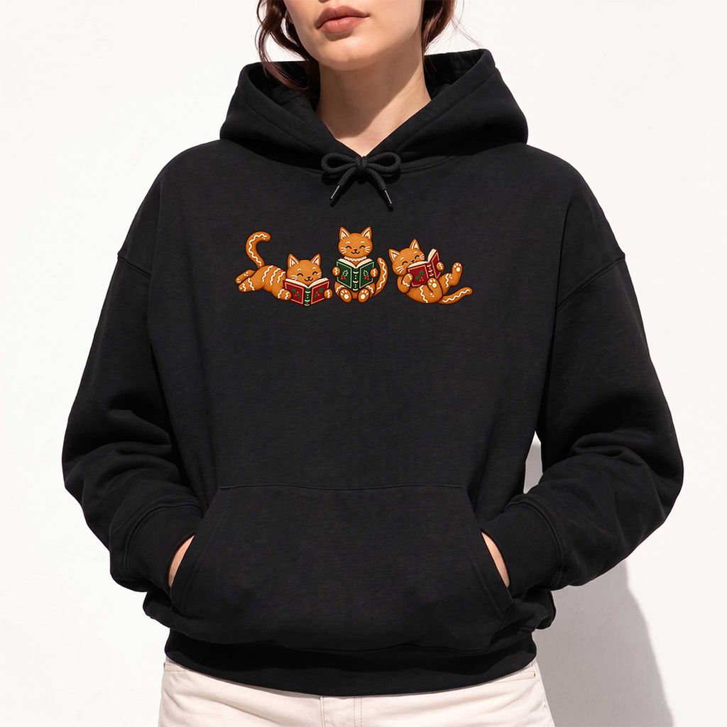 Cozy Gingerbread Cats Reading Books Softstyle Hoodie | Christmas Gift Black