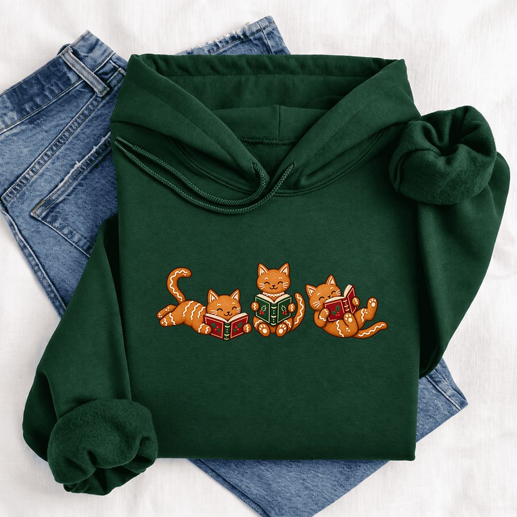 Cozy Gingerbread Cats Reading Books Softstyle Hoodie | Christmas Gift Forest Green