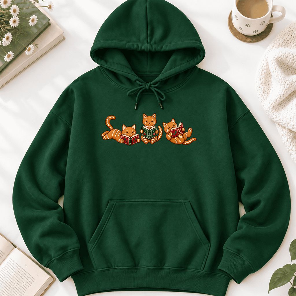 Cozy Gingerbread Cats Reading Books Softstyle Hoodie | Christmas Gift Forest Green
