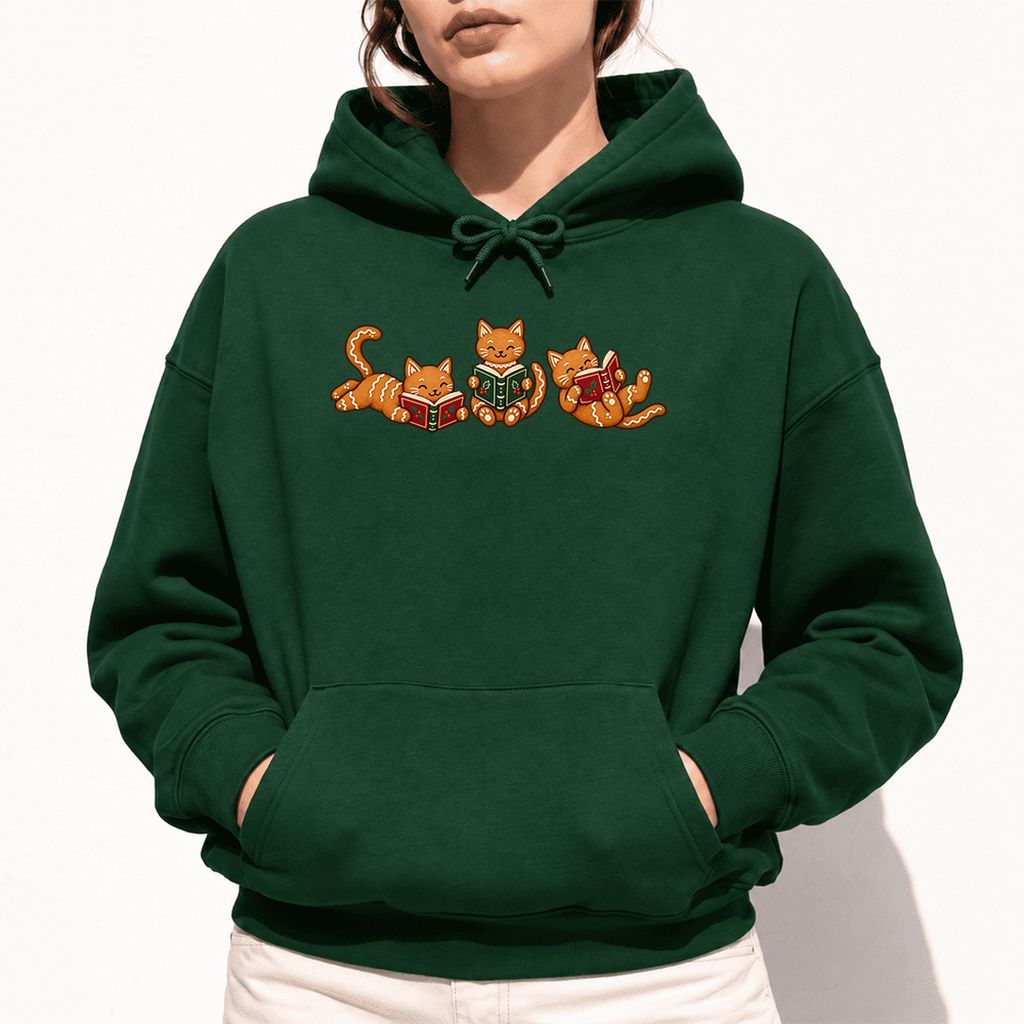 Cozy Gingerbread Cats Reading Books Softstyle Hoodie | Christmas Gift Forest Green