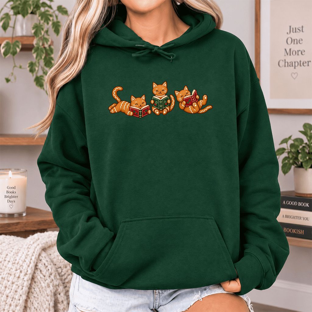 Cozy Gingerbread Cats Reading Books Softstyle Hoodie | Christmas Gift Forest Green