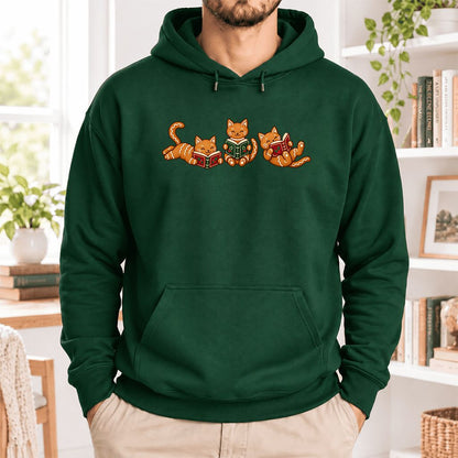 Cozy Gingerbread Cats Reading Books Softstyle Hoodie | Christmas Gift Forest Green