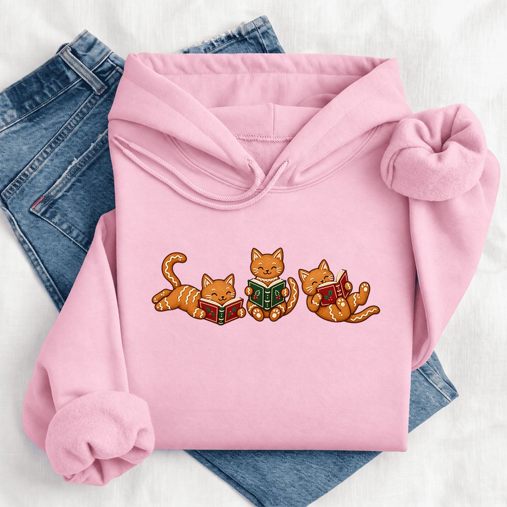 Cozy Gingerbread Cats Reading Books Softstyle Hoodie | Christmas Gift Light Pink