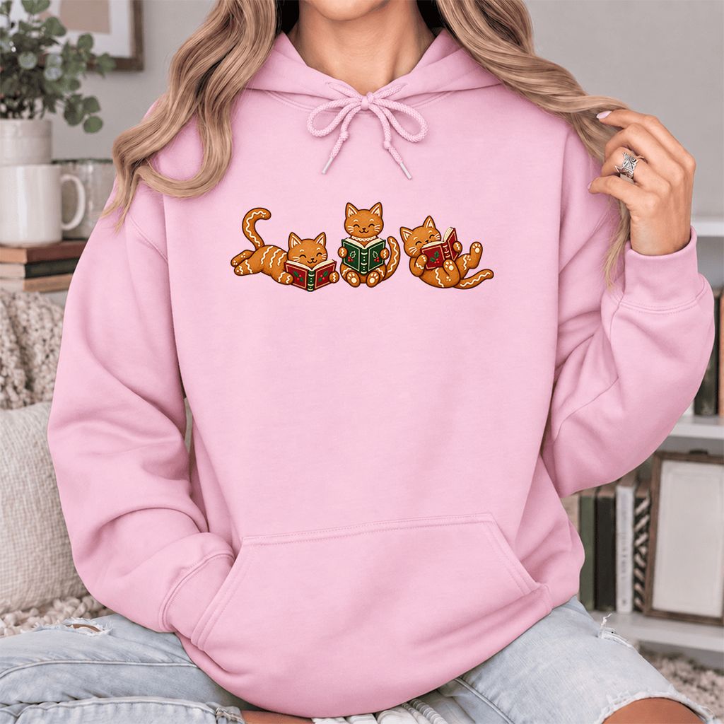 Cozy Gingerbread Cats Reading Books Softstyle Hoodie | Christmas Gift Light Pink