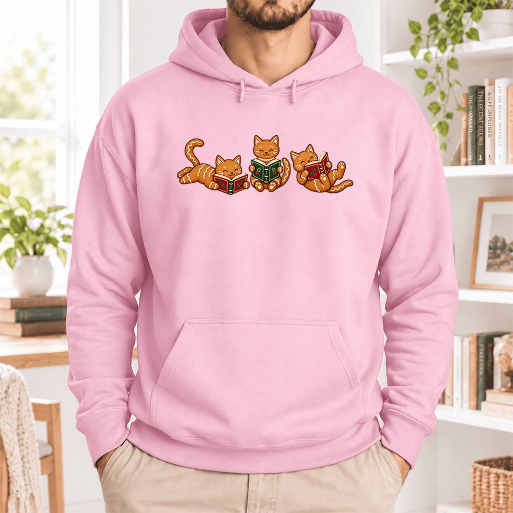 Cozy Gingerbread Cats Reading Books Softstyle Hoodie | Christmas Gift Light Pink