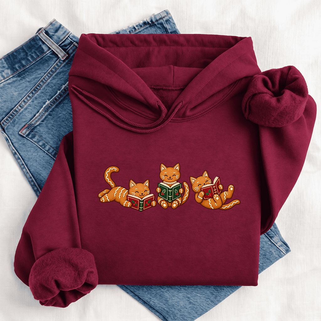 Cozy Gingerbread Cats Reading Books Softstyle Hoodie | Christmas Gift Maroon
