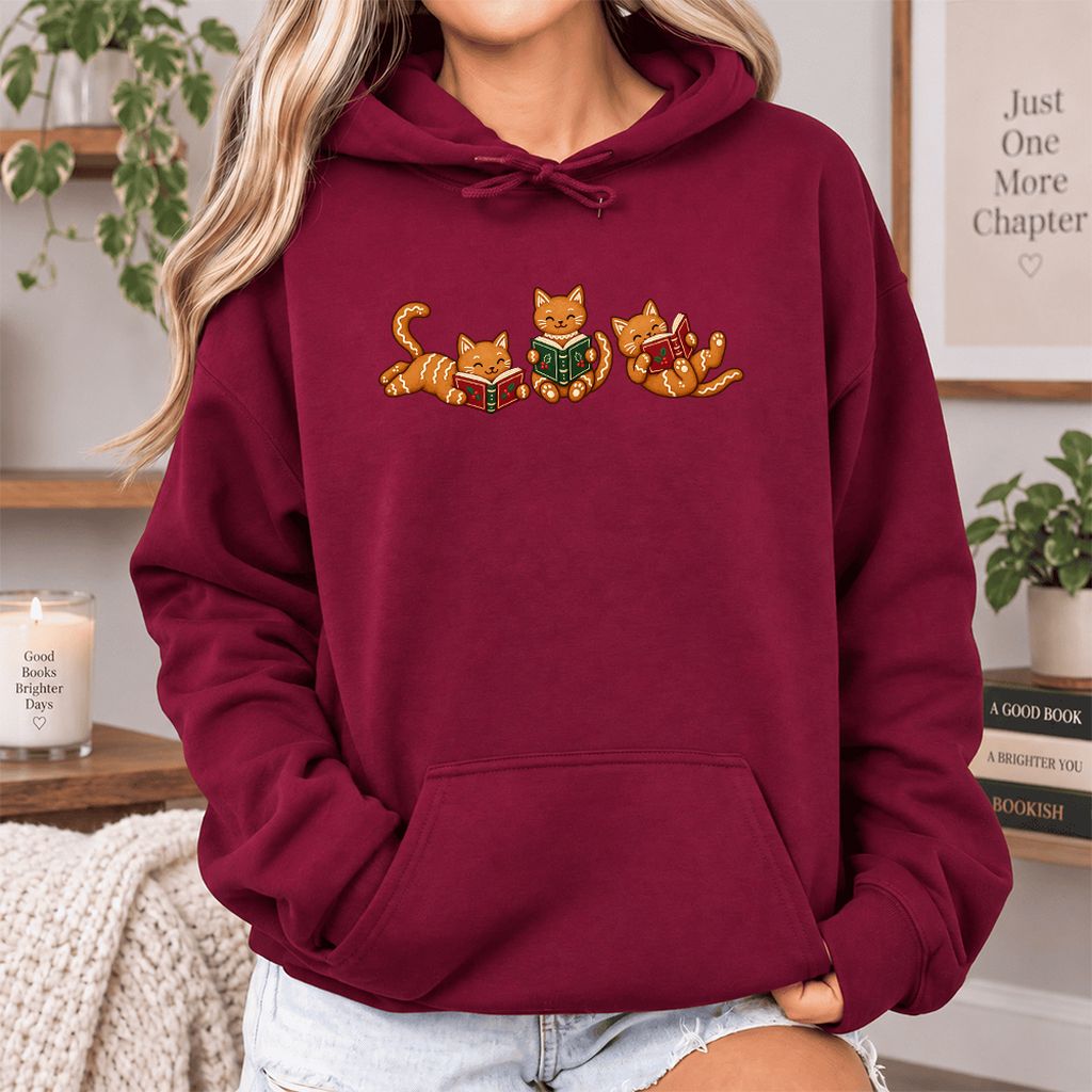 Cozy Gingerbread Cats Reading Books Softstyle Hoodie | Christmas Gift Maroon