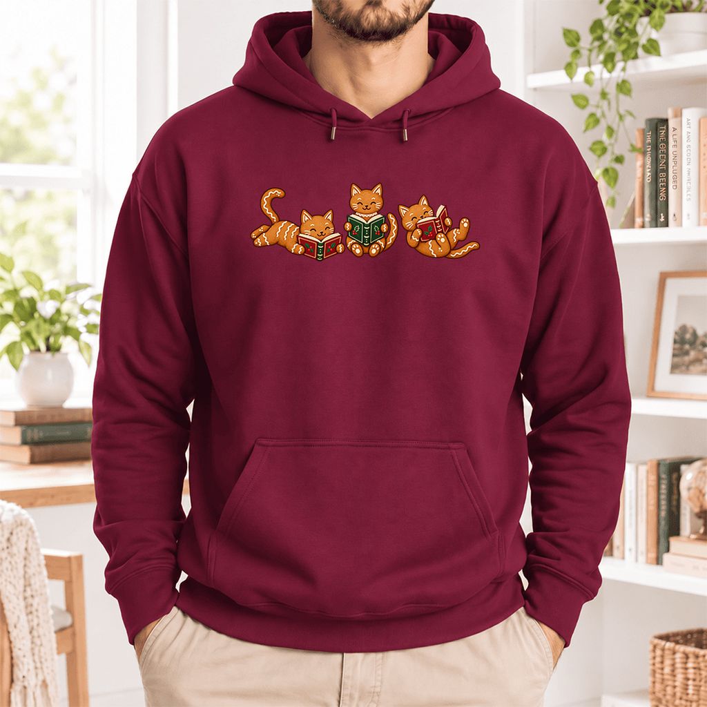 Cozy Gingerbread Cats Reading Books Softstyle Hoodie | Christmas Gift Maroon