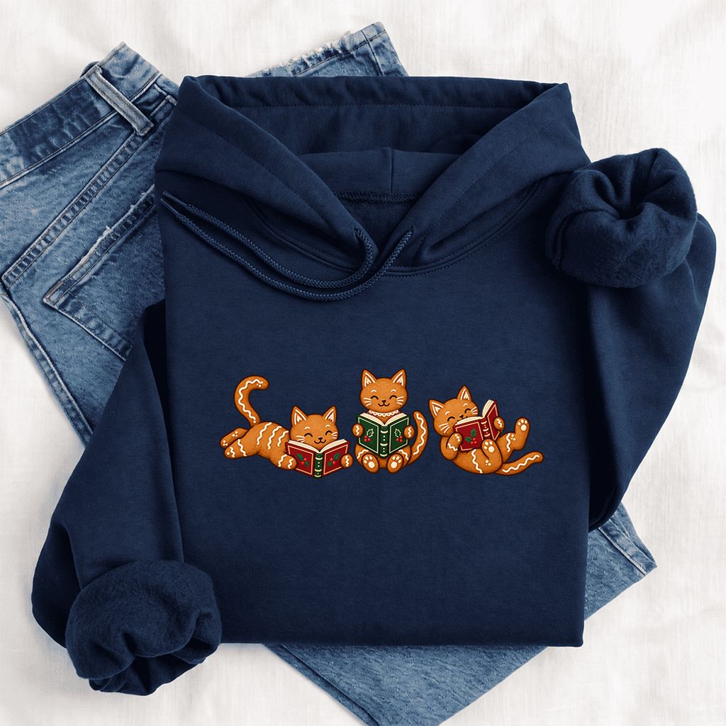 Cozy Gingerbread Cats Reading Books Softstyle Hoodie | Christmas Gift Navy