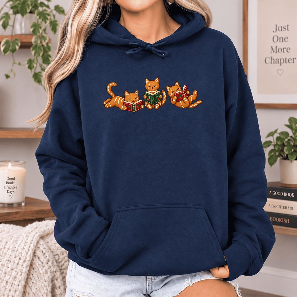 Cozy Gingerbread Cats Reading Books Softstyle Hoodie | Christmas Gift Navy