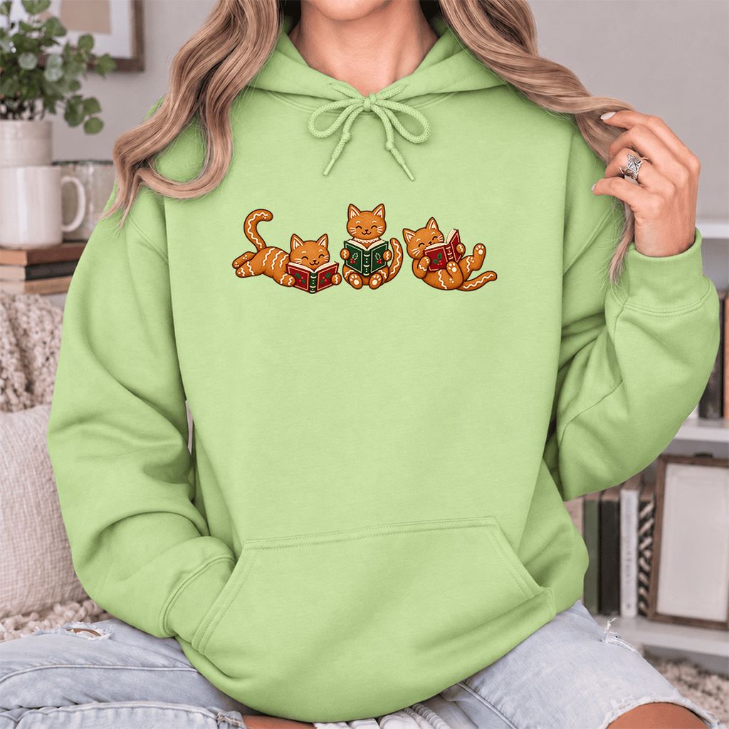 Cozy Gingerbread Cats Reading Books Softstyle Hoodie | Christmas Gift Pistachio